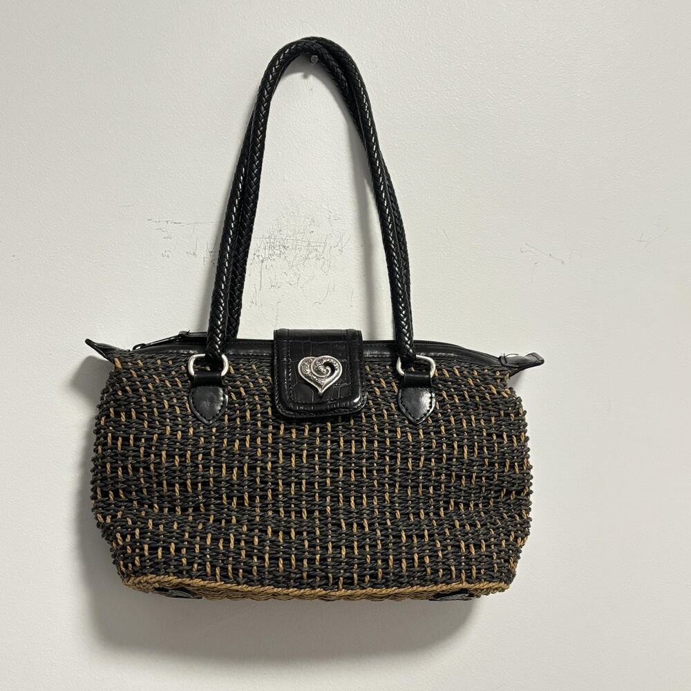 Brighton‎ Bag Womens Size Medium Black Leather Woven Straw Shoulder Tote Purse